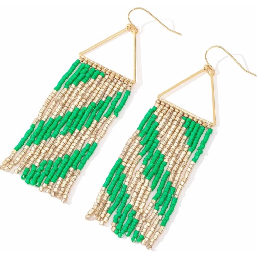 Long Triangle Beaded Fringe Earrings Emerald Green Gold Diagonal Geometric New